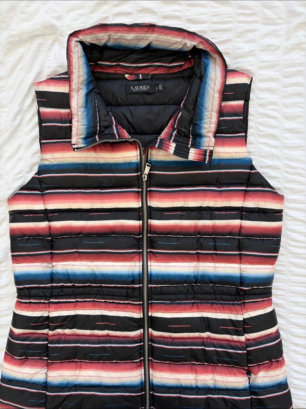 Lauren Ralph Lauren Black Serape Striped Puffer Vest.